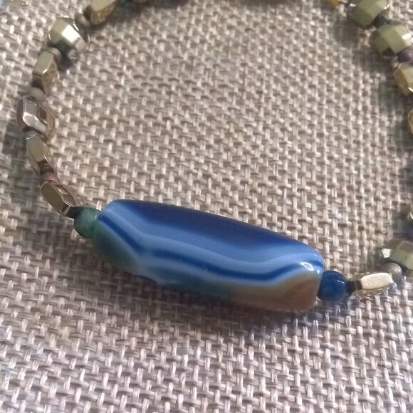 Banded Blue Agate Column & Sand Tile Bracelet! Beachy Coastal Ocean + Sand Hues - Picture 5 of 9